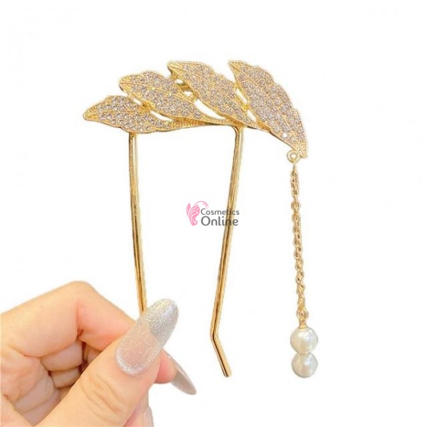 Accesoriu de par modern Japonez pentru cocuri din metal JPN10BB Auriu cu cristale si perle